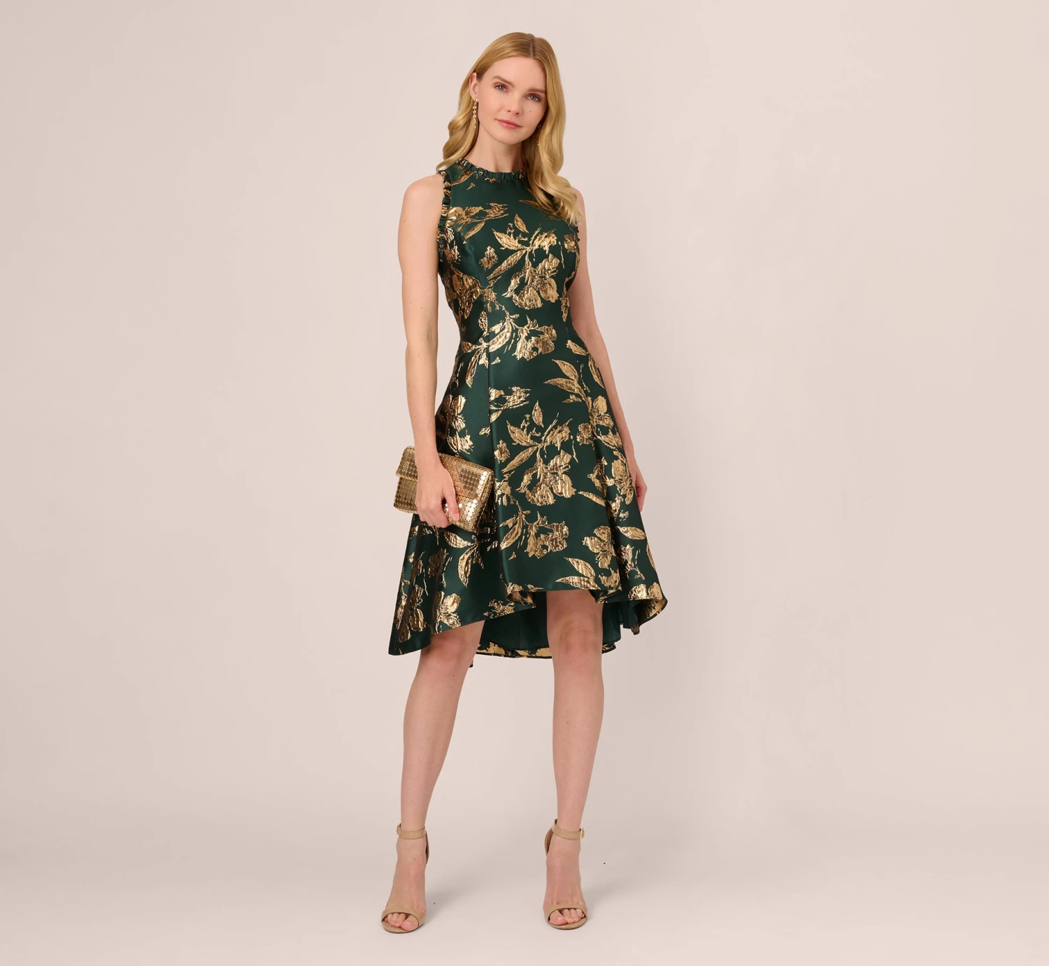 Adrianna Papell Metallic Jacquard High Low Dress With Ruffle Details In Hunter 2 Adrianna Papell Metallic Jacquard High Low Dress With Ruffle Details In Hunter - Image 2