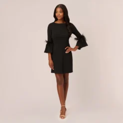 Adrianna Papell Crepe A-Line Dress With Feather-Trimmed Sleeves In Black 15 Adrianna Papell Crepe A-Line Dress With Feather-Trimmed Sleeves In Black -Glam Mirth Sales AP1D105175 AA002 Regular Front