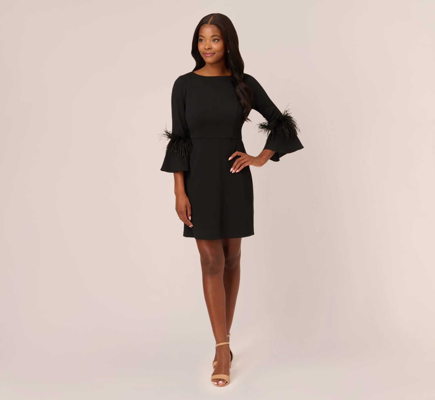Adrianna Papell Crepe A-Line Dress With Feather-Trimmed Sleeves In Black 8 Adrianna Papell Crepe A-Line Dress With Feather-Trimmed Sleeves In Black - Image 8