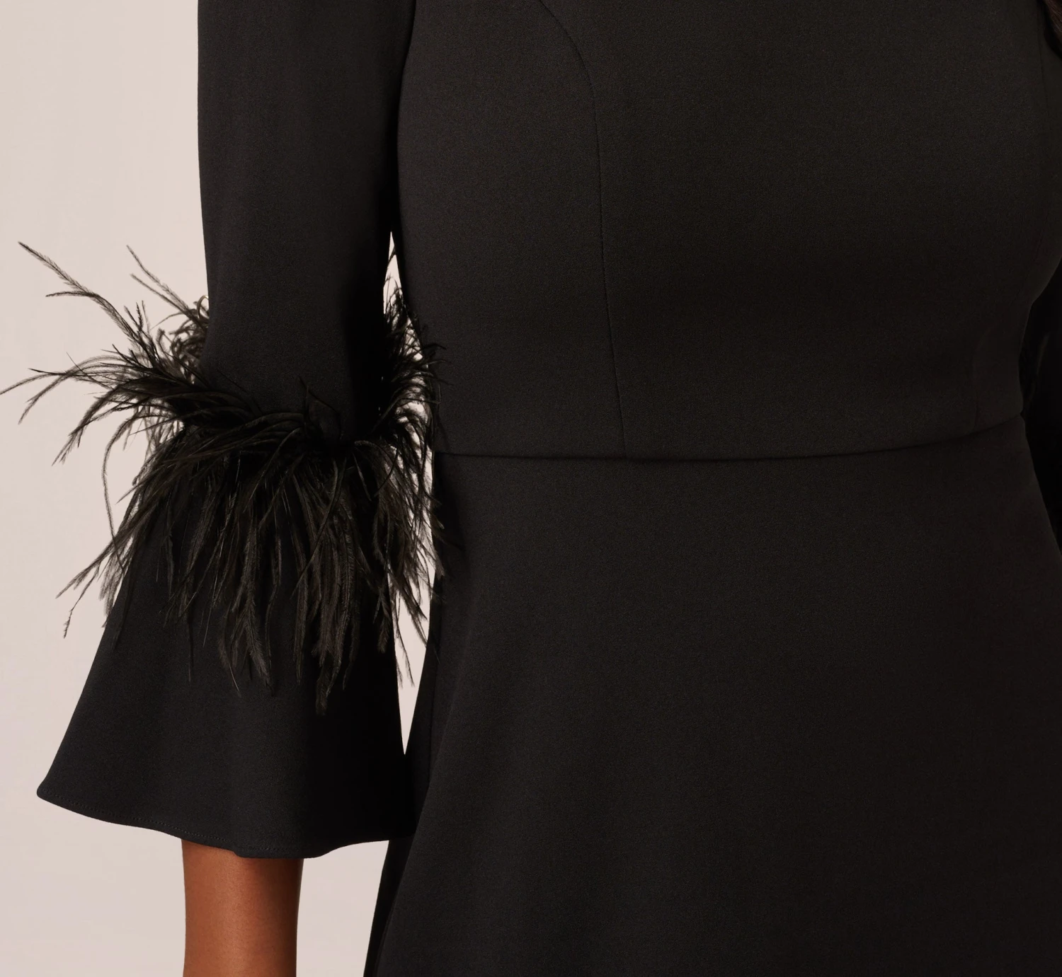 Adrianna Papell Crepe A-Line Dress With Feather-Trimmed Sleeves In Black 6 Adrianna Papell Crepe A-Line Dress With Feather-Trimmed Sleeves In Black - Image 6