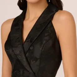 Adrianna Papell Jacquard Tuxedo Midi Dress With Surplice Neckline In Black 9 Adrianna Papell Jacquard Tuxedo Midi Dress With Surplice Neckline In Black -Glam Mirth Sales AP1D105178 AA002 Regular Detail
