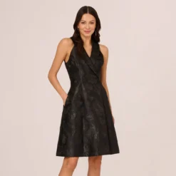 Adrianna Papell Jacquard Tuxedo Midi Dress With Surplice Neckline In Black 12 Adrianna Papell Jacquard Tuxedo Midi Dress With Surplice Neckline In Black -Glam Mirth Sales AP1D105178 AA002 Regular Front