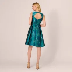 Adrianna Papell Floral Jacquard Sleeveless Midi Dress With Cutout Back In Teal Multi 10 Adrianna Papell Floral Jacquard Sleeveless Midi Dress With Cutout Back In Teal Multi -Glam Mirth Sales AP1D105203 AH090 Regular Back