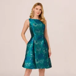 Adrianna Papell Floral Jacquard Sleeveless Midi Dress With Cutout Back In Teal Multi