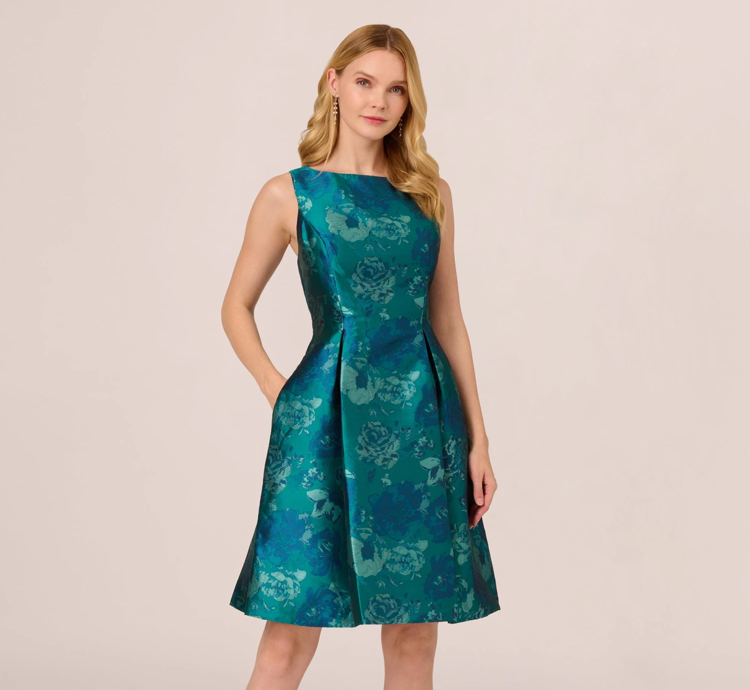 Adrianna Papell Floral Jacquard Sleeveless Midi Dress With Cutout Back In Teal Multi 1 Adrianna Papell Floral Jacquard Sleeveless Midi Dress With Cutout Back In Teal Multi