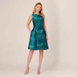 Adrianna Papell Floral Jacquard Sleeveless Midi Dress With Cutout Back In Teal Multi 12 Adrianna Papell Floral Jacquard Sleeveless Midi Dress With Cutout Back In Teal Multi -Glam Mirth Sales AP1D105203 AH090 Regular Front