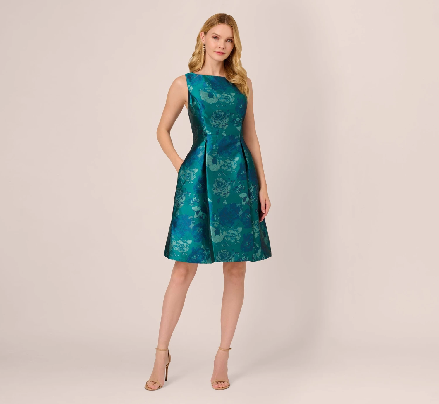 Adrianna Papell Floral Jacquard Sleeveless Midi Dress With Cutout Back In Teal Multi 6 Adrianna Papell Floral Jacquard Sleeveless Midi Dress With Cutout Back In Teal Multi - Image 6