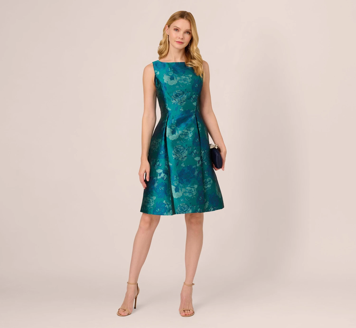 Adrianna Papell Floral Jacquard Sleeveless Midi Dress With Cutout Back In Teal Multi 2 Adrianna Papell Floral Jacquard Sleeveless Midi Dress With Cutout Back In Teal Multi - Image 2
