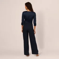Adrianna Papell Satin Crepe Three Quarter Sleeve Jumpsuit With Buckle Waist In Dark Navy 9 Adrianna Papell Satin Crepe Three Quarter Sleeve Jumpsuit With Buckle Waist In Dark Navy -Glam Mirth Sales AP1D105207 AV410 Regular Back