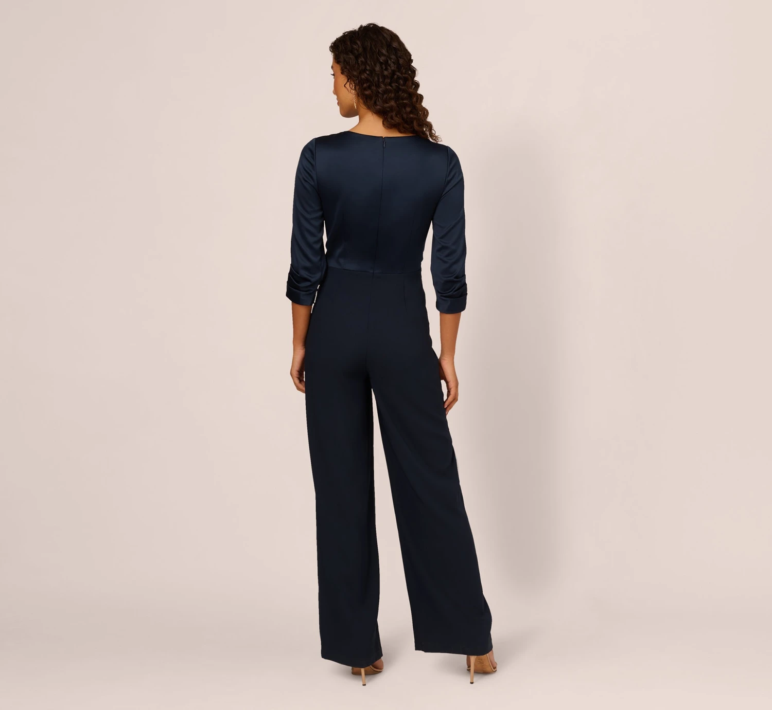 Adrianna Papell Satin Crepe Three Quarter Sleeve Jumpsuit With Buckle Waist In Dark Navy 4 Adrianna Papell Satin Crepe Three Quarter Sleeve Jumpsuit With Buckle Waist In Dark Navy - Image 4