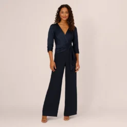 Adrianna Papell Satin Crepe Three Quarter Sleeve Jumpsuit With Buckle Waist In Dark Navy