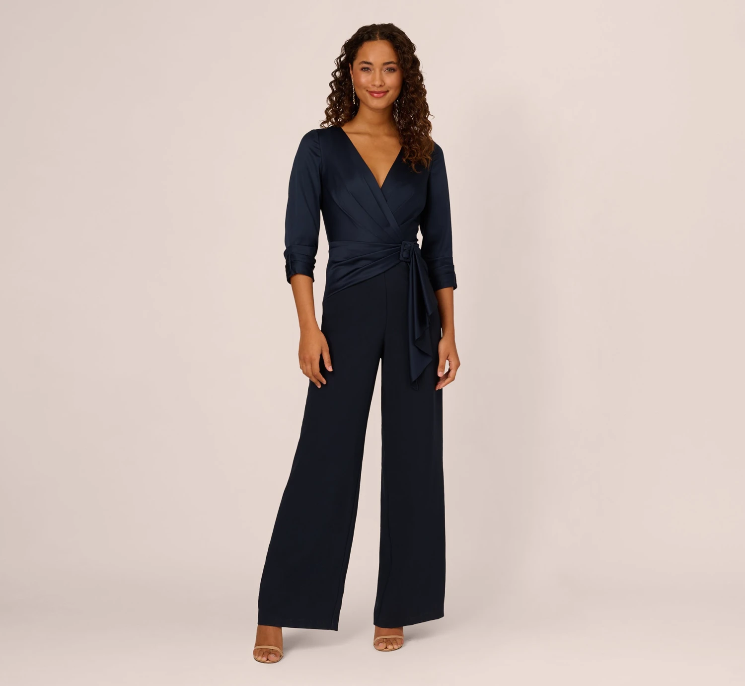 Adrianna Papell Satin Crepe Three Quarter Sleeve Jumpsuit With Buckle Waist In Dark Navy 1 Adrianna Papell Satin Crepe Three Quarter Sleeve Jumpsuit With Buckle Waist In Dark Navy