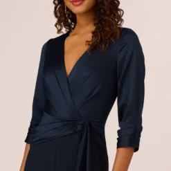 Adrianna Papell Satin Crepe Three Quarter Sleeve Jumpsuit With Buckle Waist In Dark Navy 8 Adrianna Papell Satin Crepe Three Quarter Sleeve Jumpsuit With Buckle Waist In Dark Navy -Glam Mirth Sales AP1D105207 AV410 Regular Detail