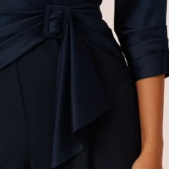 Adrianna Papell Satin Crepe Three Quarter Sleeve Jumpsuit With Buckle Waist In Dark Navy 10 Adrianna Papell Satin Crepe Three Quarter Sleeve Jumpsuit With Buckle Waist In Dark Navy -Glam Mirth Sales AP1D105207 AV410 Regular Lifestyle