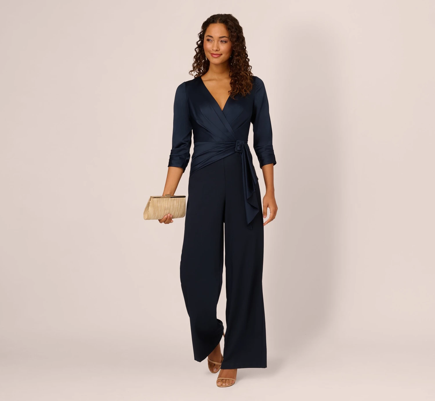 Adrianna Papell Satin Crepe Three Quarter Sleeve Jumpsuit With Buckle Waist In Dark Navy 2 Adrianna Papell Satin Crepe Three Quarter Sleeve Jumpsuit With Buckle Waist In Dark Navy - Image 2