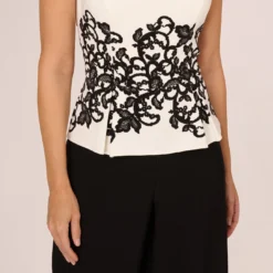 Adrianna Papell Sleeveless Peplum Jumpsuit With Scroll Lace Details In Ivory Black 8 Adrianna Papell Sleeveless Peplum Jumpsuit With Scroll Lace Details In Ivory Black -Glam Mirth Sales AP1D105210 AA173 Regular Detail