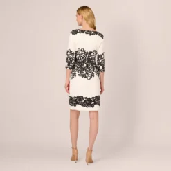 Adrianna Papell Scroll Lace Midi Dress With Three Quarter Sleeves In Ivory Black -Glam Mirth Sales AP1D105223 AA173 Regular Back