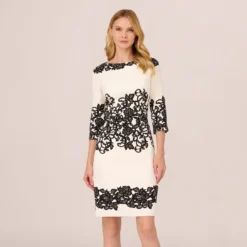 Adrianna Papell Scroll Lace Midi Dress With Three Quarter Sleeves In Ivory Black