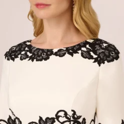 Adrianna Papell Scroll Lace Midi Dress With Three Quarter Sleeves In Ivory Black -Glam Mirth Sales AP1D105223 AA173 Regular Detail