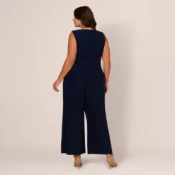 Adrianna Papell Plus Size Jersey Sleeveless Pintuck Jumpsuit With Wide Legs In Midnight -Glam Mirth Sales AP1D105225 AB411 Plus Back
