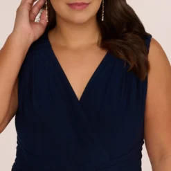 Adrianna Papell Plus Size Jersey Sleeveless Pintuck Jumpsuit With Wide Legs In Midnight -Glam Mirth Sales AP1D105225 AB411 Plus Detail
