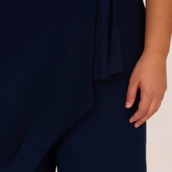 Adrianna Papell Plus Size Jersey Sleeveless Pintuck Jumpsuit With Wide Legs In Midnight -Glam Mirth Sales AP1D105225 AB411 Plus Lifestyle