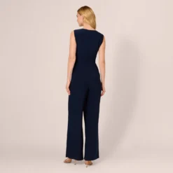 Adrianna Papell Jersey Sleeveless Pintuck Jumpsuit With Wide Legs In Midnight -Glam Mirth Sales AP1D105225 AB411 Regular Back