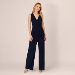 Adrianna Papell Jersey Sleeveless Pintuck Jumpsuit With Wide Legs In Midnight