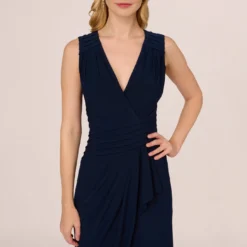 Adrianna Papell Jersey Sleeveless Pintuck Jumpsuit With Wide Legs In Midnight -Glam Mirth Sales AP1D105225 AB411 Regular Detail