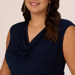 Adrianna Papell Plus Size Cowl Neck Jersey Dress With Banded Skirt In Midnight -Glam Mirth Sales AP1D105227 AB411 Plus Detail