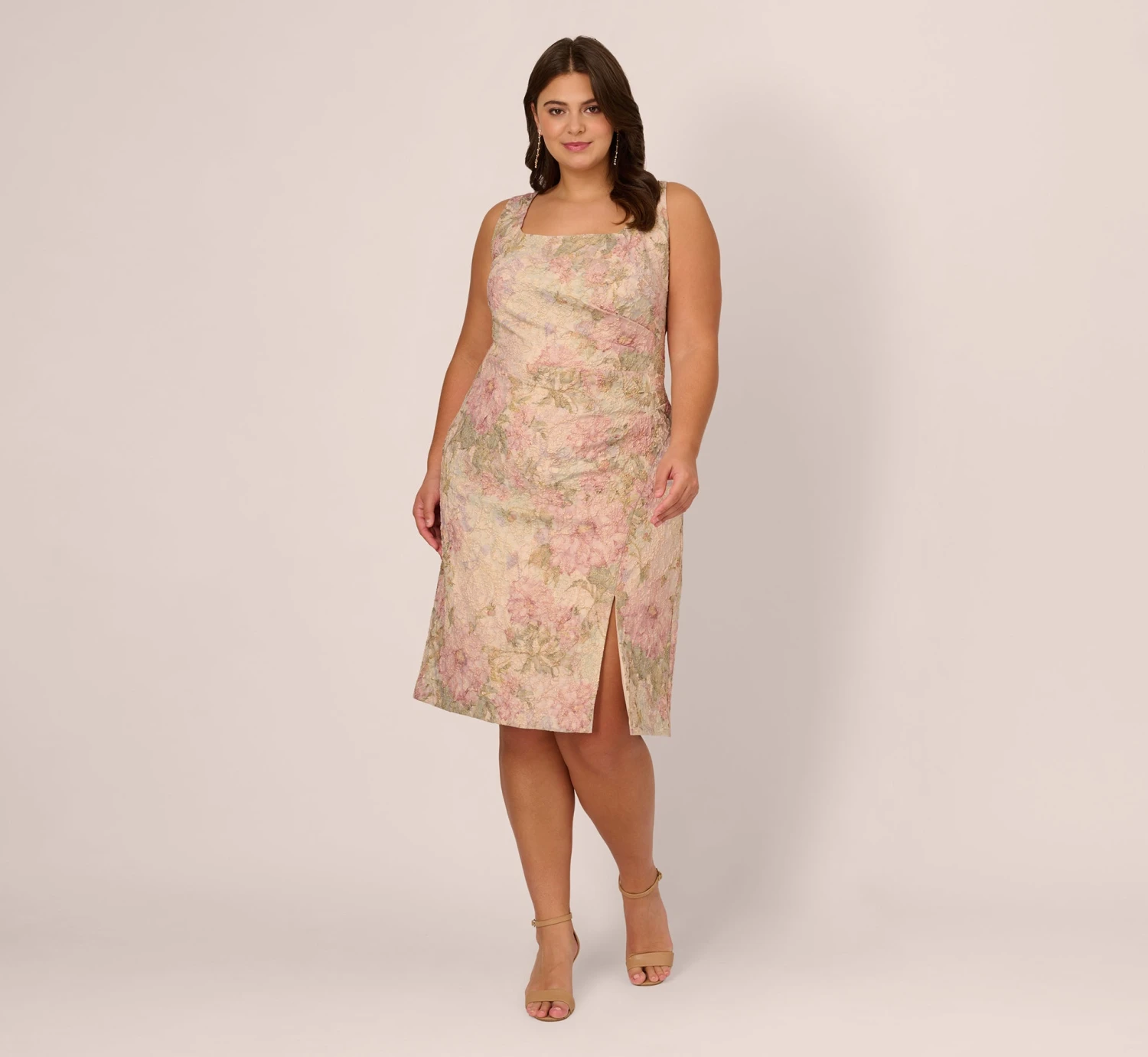 Adrianna Papell Plus Size Sleeveless Floral Matelasse Sheath Dress With Pleated Details In Rose Multi 1 Adrianna Papell Plus Size Sleeveless Floral Matelasse Sheath Dress With Pleated Details In Rose Multi