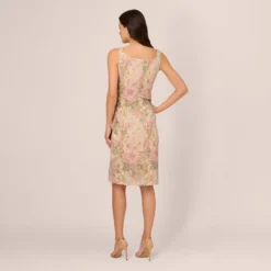 Adrianna Papell Sleeveless Floral Matelasse Sheath Dress With Pleated Details In Rose Multi 9 Adrianna Papell Sleeveless Floral Matelasse Sheath Dress With Pleated Details In Rose Multi -Glam Mirth Sales AP1D105243 AE590 Regular Back