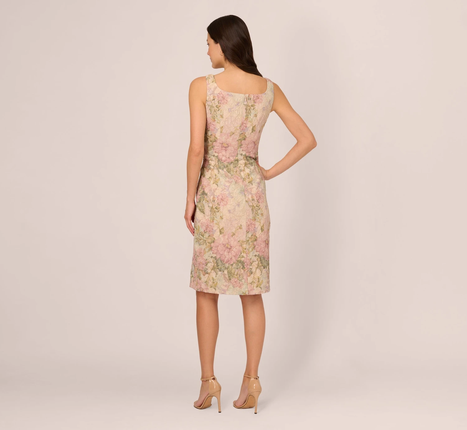 Adrianna Papell Sleeveless Floral Matelasse Sheath Dress With Pleated Details In Rose Multi 4 Adrianna Papell Sleeveless Floral Matelasse Sheath Dress With Pleated Details In Rose Multi - Image 4