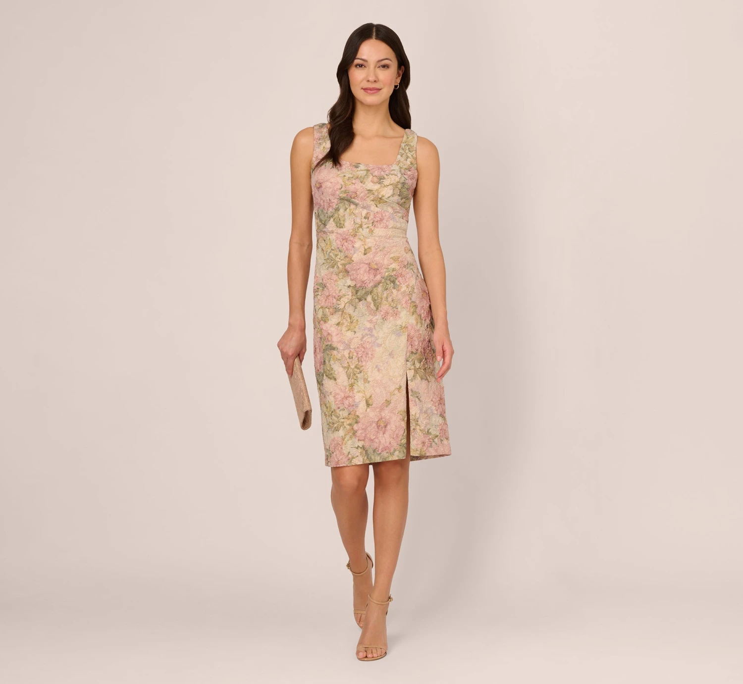Adrianna Papell Sleeveless Floral Matelasse Sheath Dress With Pleated Details In Rose Multi 2 Adrianna Papell Sleeveless Floral Matelasse Sheath Dress With Pleated Details In Rose Multi - Image 2