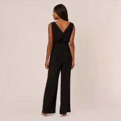 Adrianna Papell Sleeveless Smocked Jumpsuit With V-Neckline In Black 9 Adrianna Papell Sleeveless Smocked Jumpsuit With V-Neckline In Black -Glam Mirth Sales AP1D105285 AA002 Regular Back