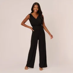 Adrianna Papell Sleeveless Smocked Jumpsuit With V-Neckline In Black