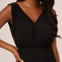 Adrianna Papell Sleeveless Smocked Jumpsuit With V-Neckline In Black 8 Adrianna Papell Sleeveless Smocked Jumpsuit With V-Neckline In Black -Glam Mirth Sales AP1D105285 AA002 Regular Detail
