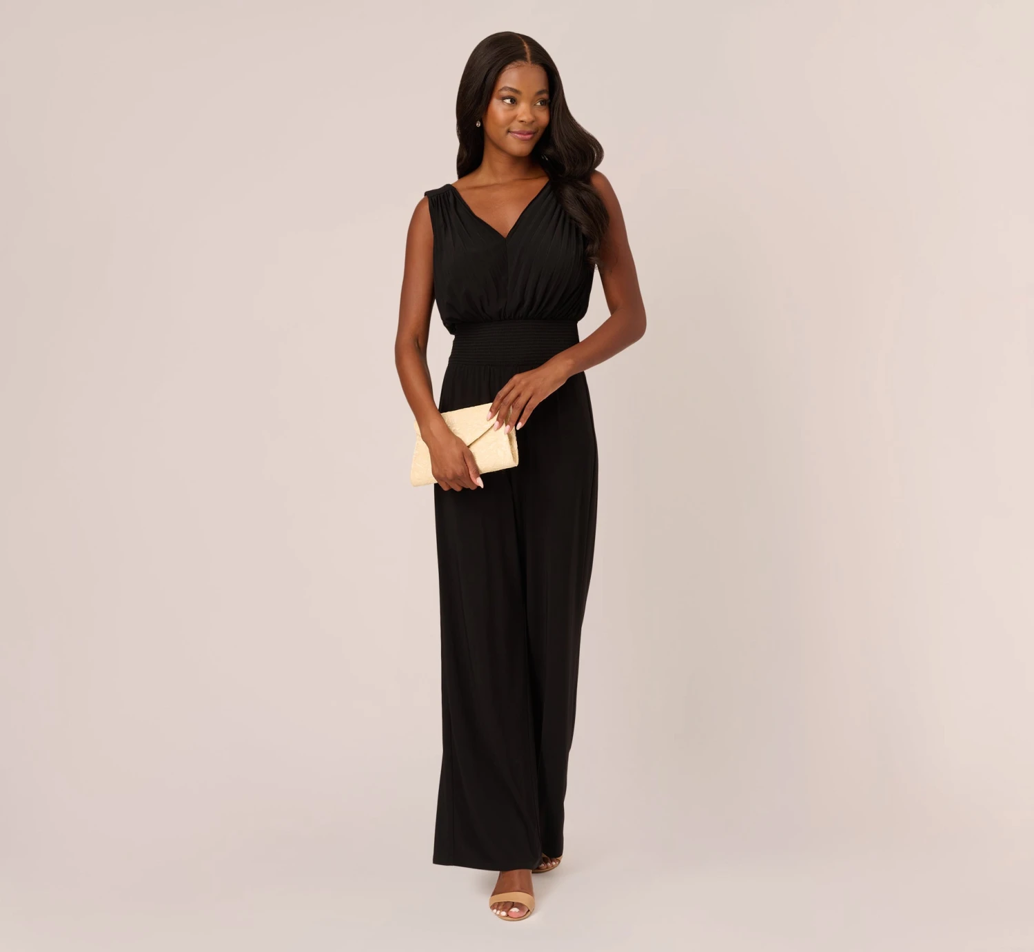 Adrianna Papell Sleeveless Smocked Jumpsuit With V-Neckline In Black 2 Adrianna Papell Sleeveless Smocked Jumpsuit With V-Neckline In Black - Image 2