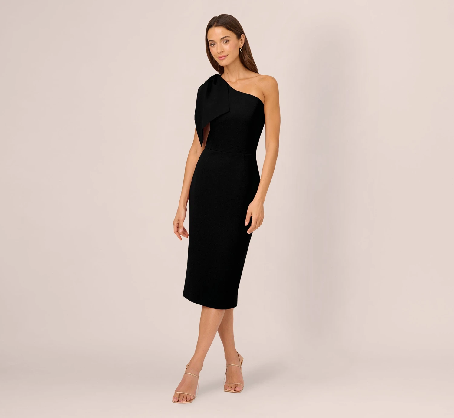 Adrianna Papell One Shoulder Midi Dress With Bow Accent In Black 1 Adrianna Papell One Shoulder Midi Dress With Bow Accent In Black