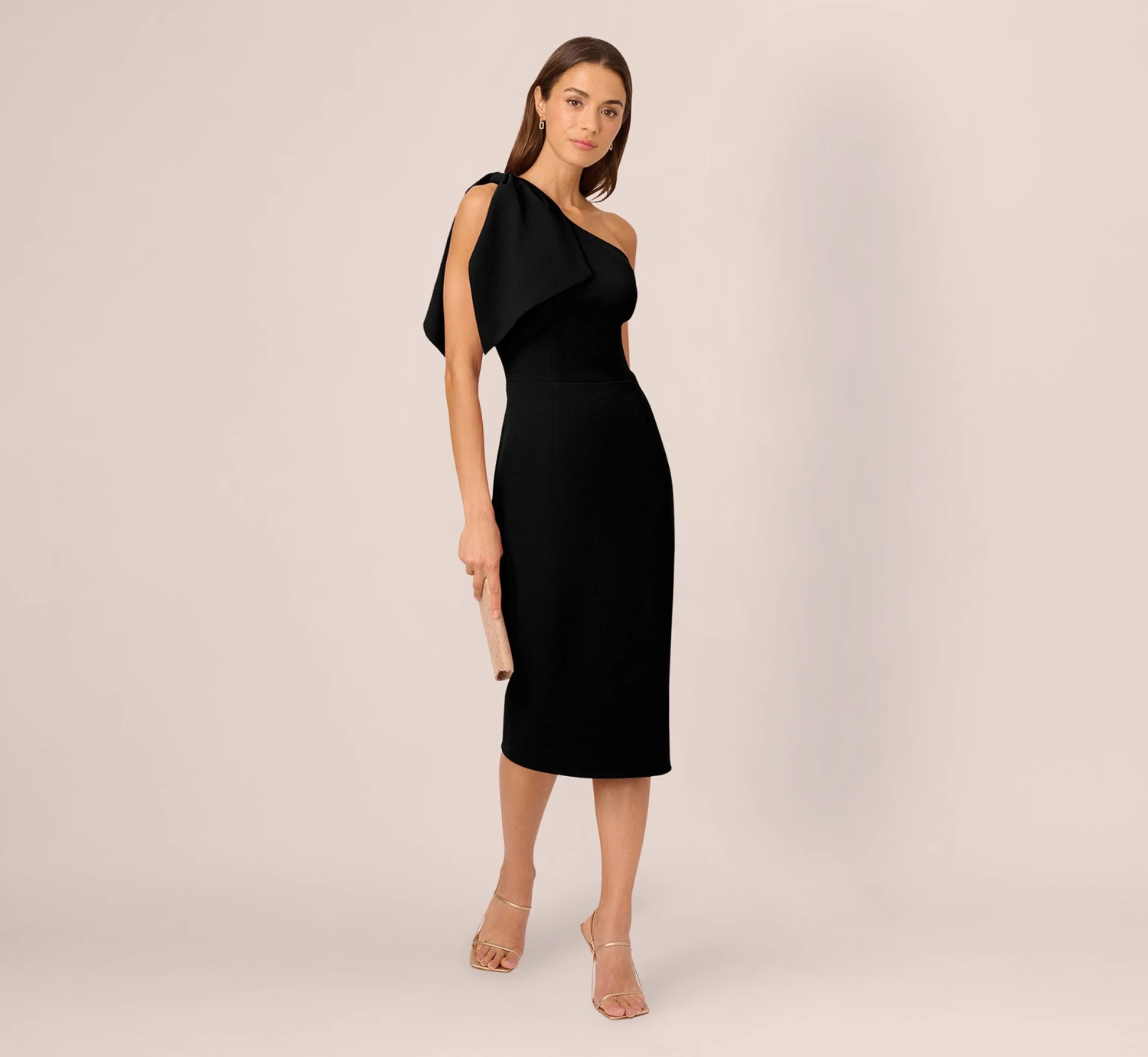 Adrianna Papell One Shoulder Midi Dress With Bow Accent In Black 2 Adrianna Papell One Shoulder Midi Dress With Bow Accent In Black - Image 2