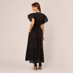 Adrianna Papell Eyelet Maxi Dress With Scalloped Short Sleeves In Black -Glam Mirth Sales AP1D105318 AA002 Regular Back