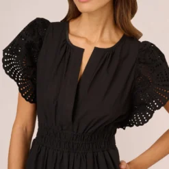 Adrianna Papell Eyelet Maxi Dress With Scalloped Short Sleeves In Black -Glam Mirth Sales AP1D105318 AA002 Regular Detail