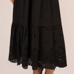 Adrianna Papell Eyelet Maxi Dress With Scalloped Short Sleeves In Black -Glam Mirth Sales AP1D105318 AA002 Regular Lifestyle