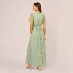 Adrianna Papell Floral Embroidered Maxi Dress With Sheer Flutter Sleeves In Sage Multi 9 Adrianna Papell Floral Embroidered Maxi Dress With Sheer Flutter Sleeves In Sage Multi -Glam Mirth Sales AP1D105325 AA359 Regular Back