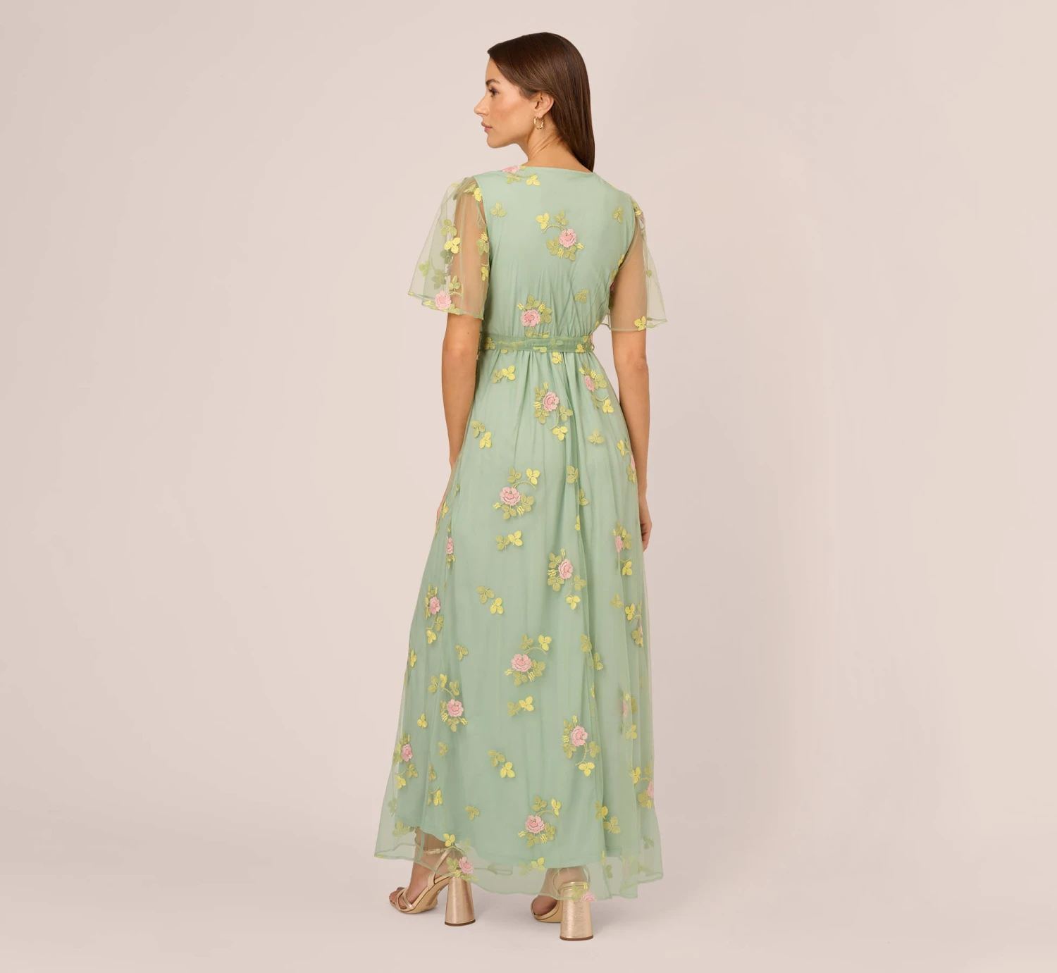 Adrianna Papell Floral Embroidered Maxi Dress With Sheer Flutter Sleeves In Sage Multi 4 Adrianna Papell Floral Embroidered Maxi Dress With Sheer Flutter Sleeves In Sage Multi - Image 4