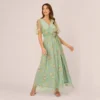 Adrianna Papell Floral Embroidered Maxi Dress With Sheer Flutter Sleeves In Sage Multi