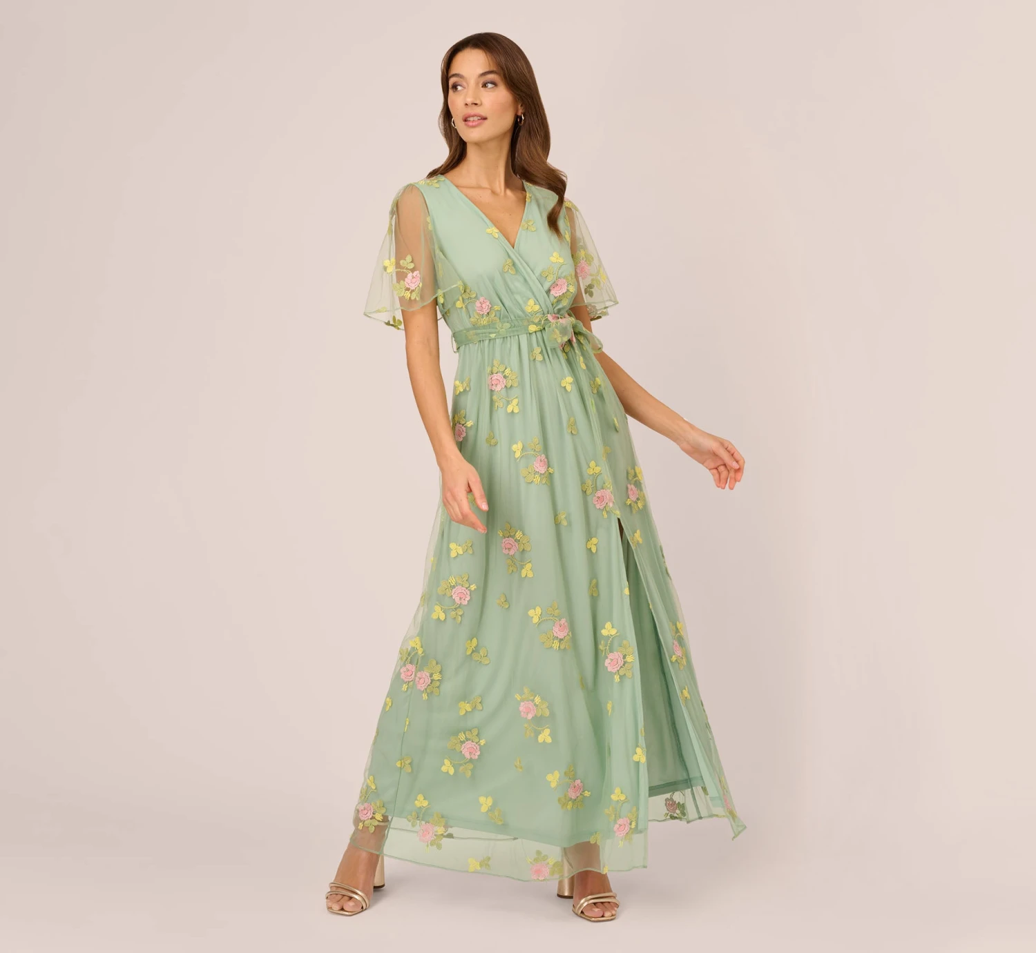 Adrianna Papell Floral Embroidered Maxi Dress With Sheer Flutter Sleeves In Sage Multi 1 Adrianna Papell Floral Embroidered Maxi Dress With Sheer Flutter Sleeves In Sage Multi