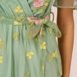 Adrianna Papell Floral Embroidered Maxi Dress With Sheer Flutter Sleeves In Sage Multi 8 Adrianna Papell Floral Embroidered Maxi Dress With Sheer Flutter Sleeves In Sage Multi -Glam Mirth Sales AP1D105325 AA359 Regular Detail