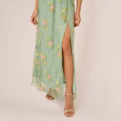 Adrianna Papell Floral Embroidered Maxi Dress With Sheer Flutter Sleeves In Sage Multi 10 Adrianna Papell Floral Embroidered Maxi Dress With Sheer Flutter Sleeves In Sage Multi -Glam Mirth Sales AP1D105325 AA359 Regular Lifestyle