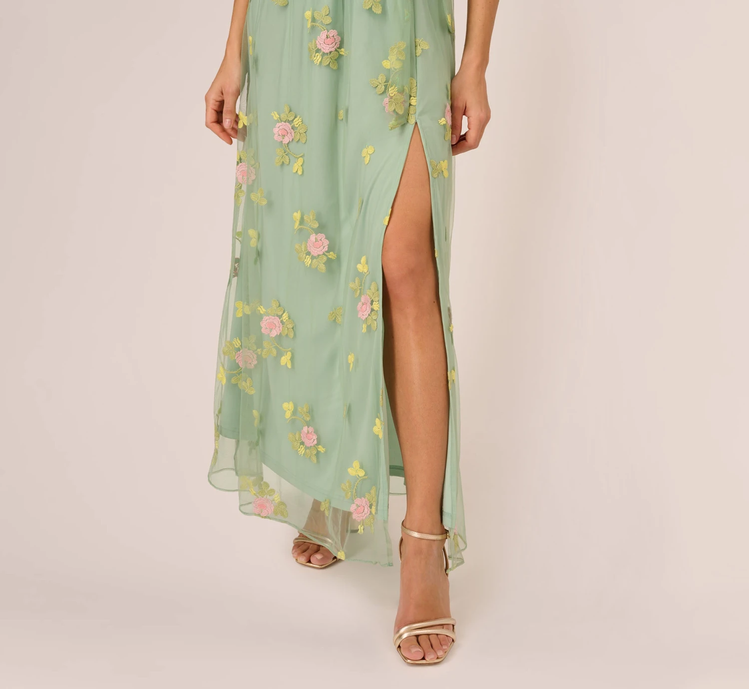 Adrianna Papell Floral Embroidered Maxi Dress With Sheer Flutter Sleeves In Sage Multi 5 Adrianna Papell Floral Embroidered Maxi Dress With Sheer Flutter Sleeves In Sage Multi - Image 5